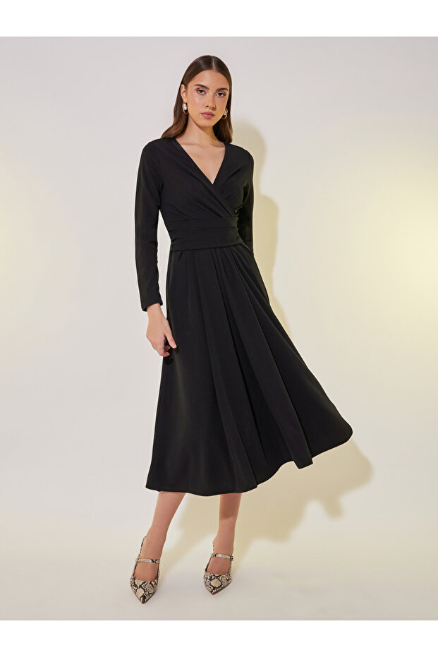Solid Wrap Front Midi Dress with Tie-Up Back - 2