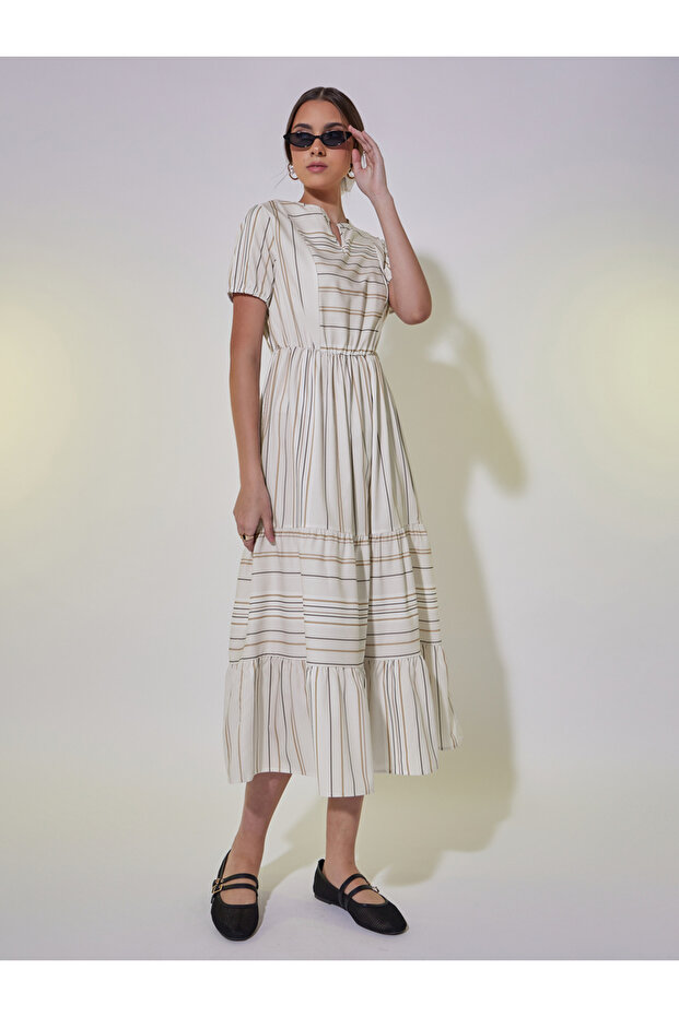 Striped Notch Neck A-Line Midi Dress