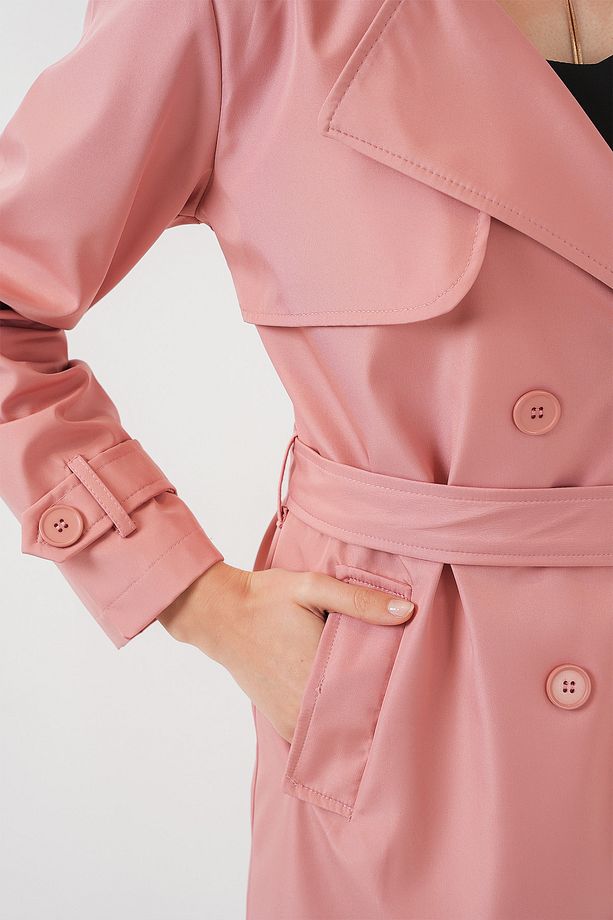 5918 Kruvaze Yaka Trençkot - Pembe - 5