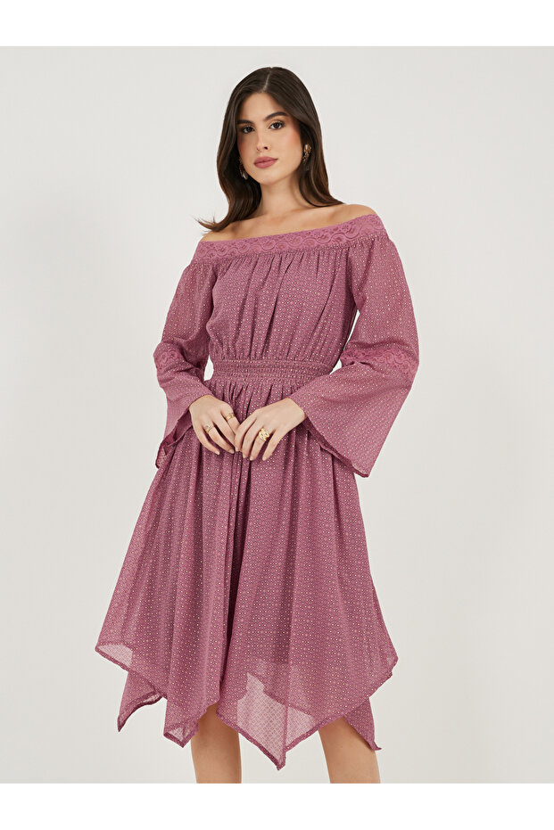 Ditsy Print Off Shoulder Lace Insert Midi Dress