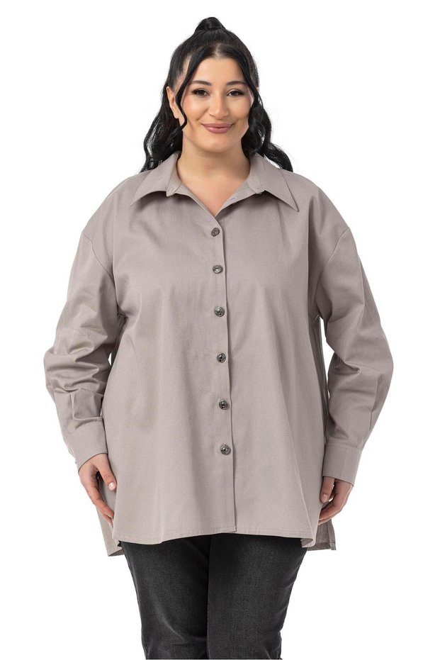 Large Size Gabardine Stone Color Shirt with Side Slits