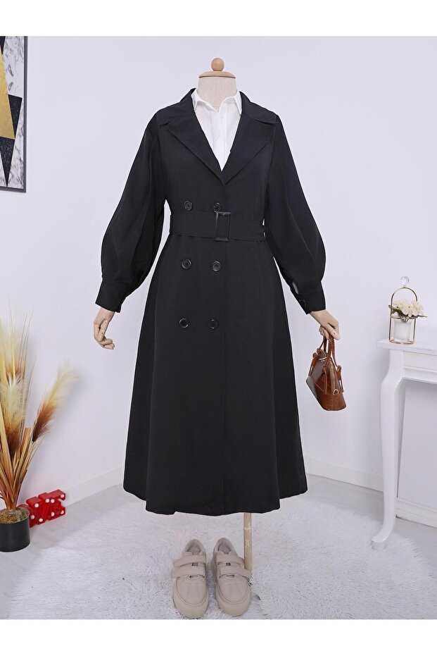 Balloon Sleeve Buckle Belted Trench Coat with Side Pockets