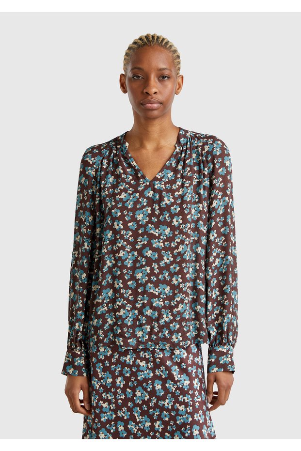 Women's Brown 100% Viscose V-Neck Raglan Sleeve Blouse
