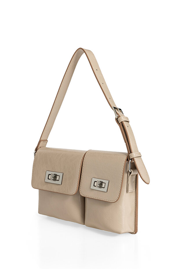 Women's Light Mink Faux Leather Modern Hand and Shoulder Bag with Lock Detail