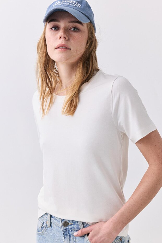 Kadın Slim Basic Viskon Tshirt Ekru 8013 - 1
