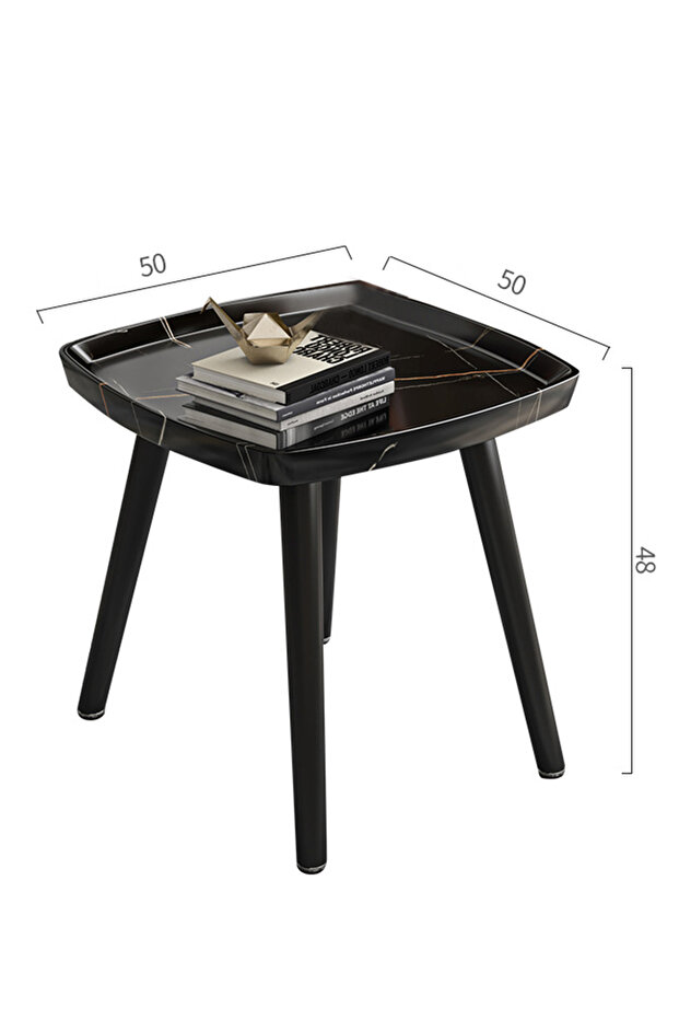 طاولة جانبية صغيرة مربعة الشكل لغرفة المعيشة الحديثة، طاولة قهوة، طاولة مربعة ذات ملمس رخامي أسود - 4