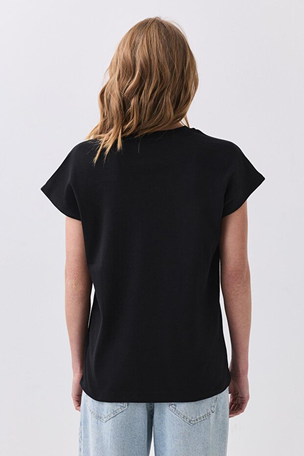 Kadın Karpuz Kol Basic Tshirt Siyah 5011 - 5