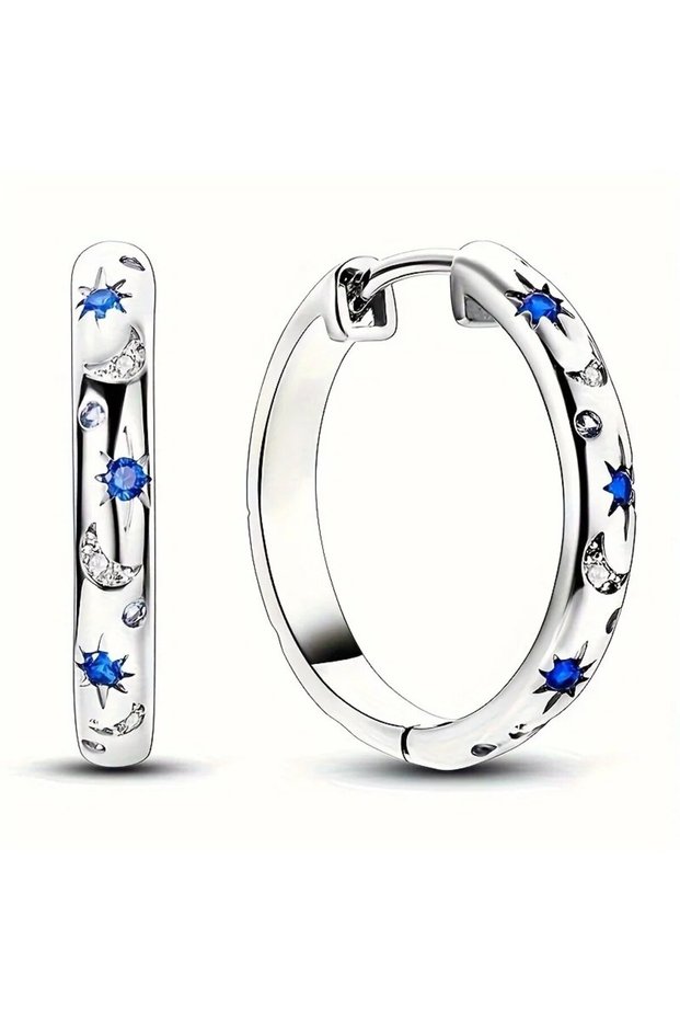 F155-1 Silvery Blue Zircon Hoop Earrings For Women Star Moon Starry Blue Zircon Luxury Jewelry Gi..