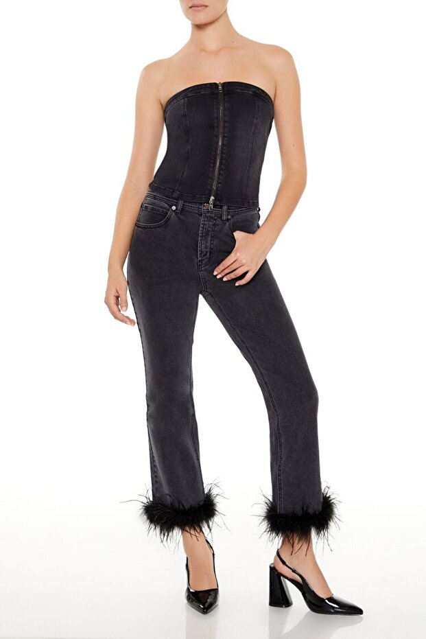 Denim Straplez Yaka Bluız - 8