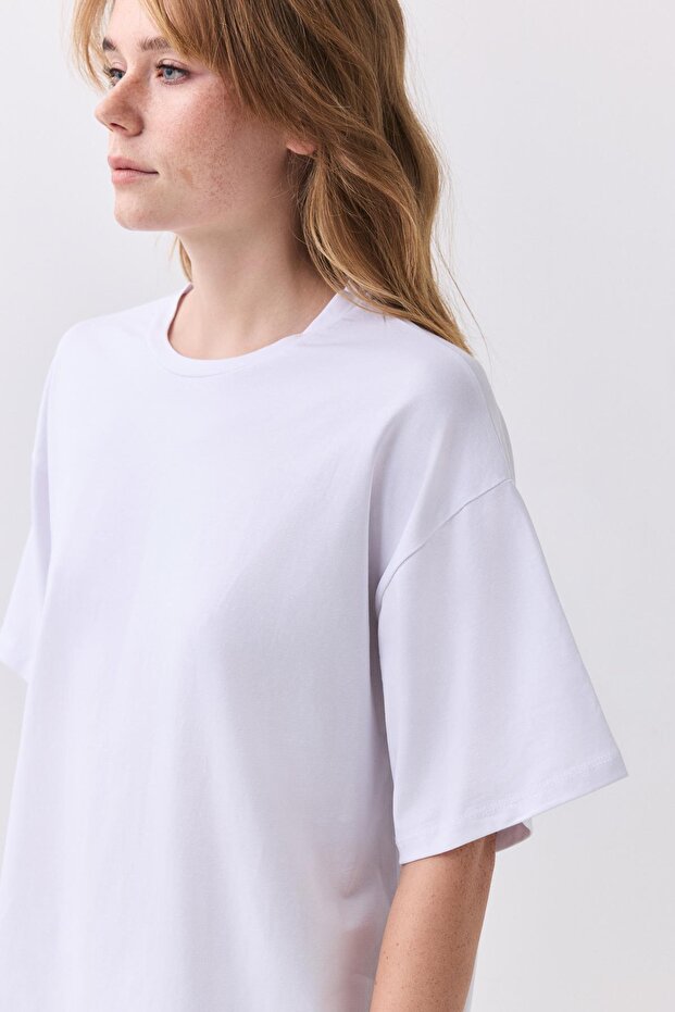 Kadın Pamuk Oversize Basic Tshirt Beyaz 5012 - 3