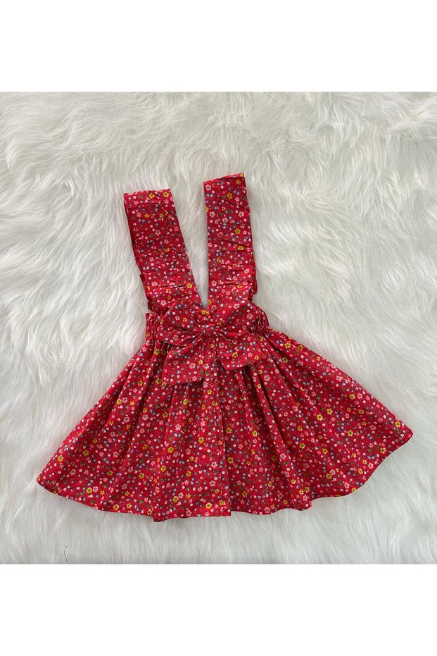 Girl's Red Flowery Bow Ruffle Strap Salopet Dress (Made from 100% Cotton Fabric.)
