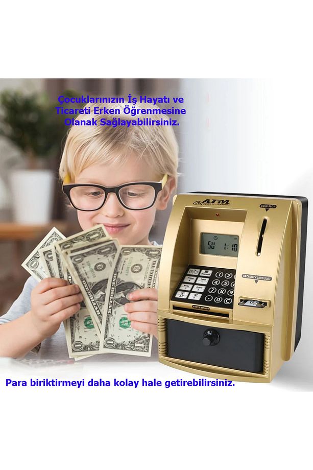 LCD Ekran ATM Şifreli Kumbara Kağıt Demir Para Girişli Kartlı Sesli Yönlendirme Takvim Saat - 7