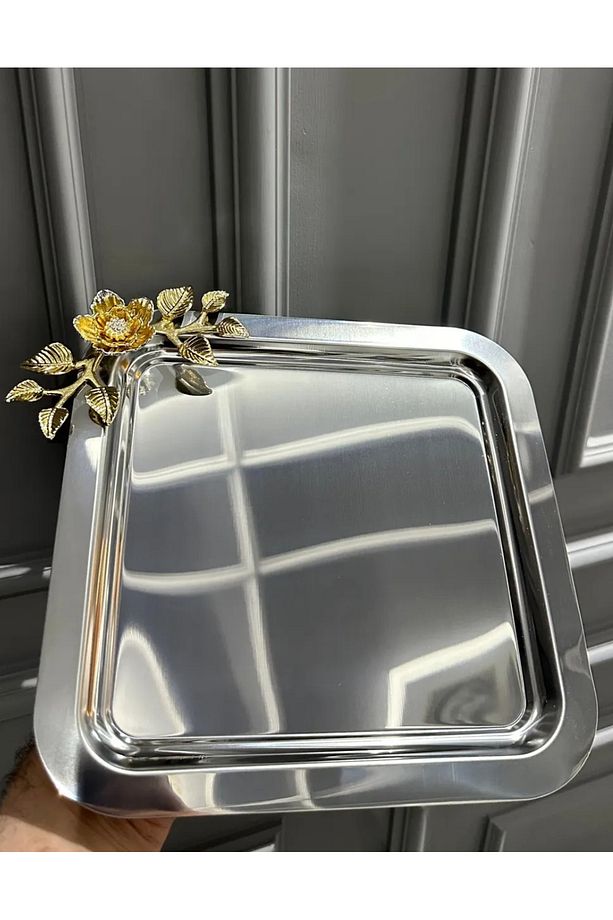 Tek Kişilik Metal Gümüş Gold Kahve Çay Sunum Tepsi 6 Adet - 2