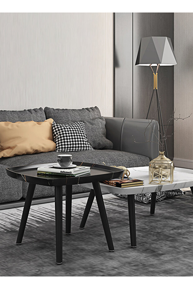 طاولة جانبية صغيرة مربعة الشكل لغرفة المعيشة الحديثة، طاولة قهوة، طاولة مربعة ذات ملمس رخامي أسود - 3