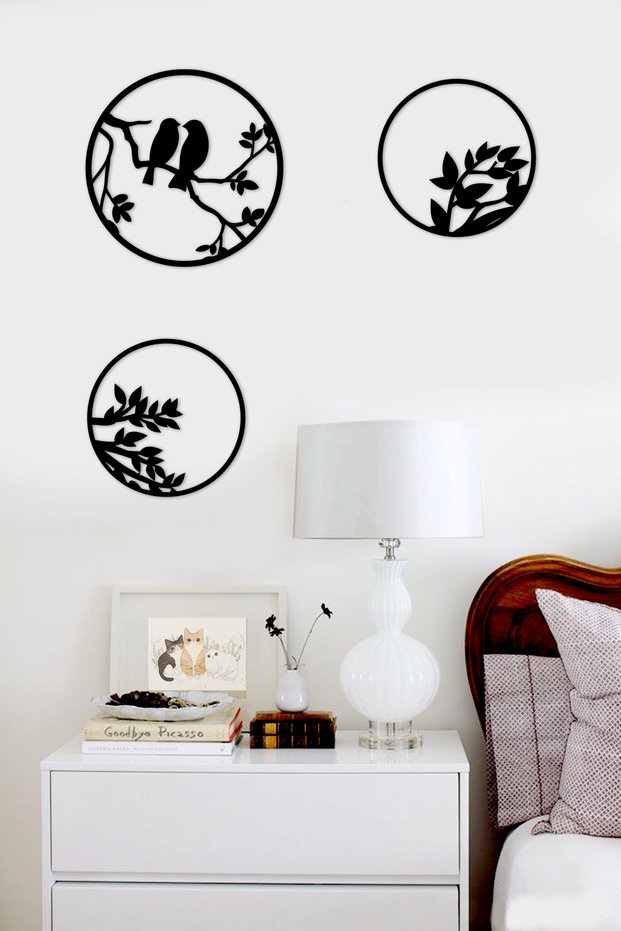 Black Wood Bird and Branches Wall Decor Mdf Painting Set for Salon Living Bed Children Room Kitchen