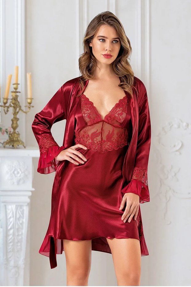 Angel's Story 1610 Women Satin Rope Strap Nightgown Dressing Gown Set-Burgundy
