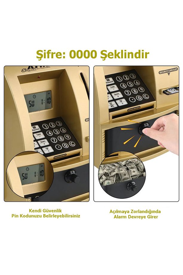 LCD Ekran ATM Şifreli Kumbara Kağıt Demir Para Girişli Kartlı Sesli Yönlendirme Takvim Saat - 3