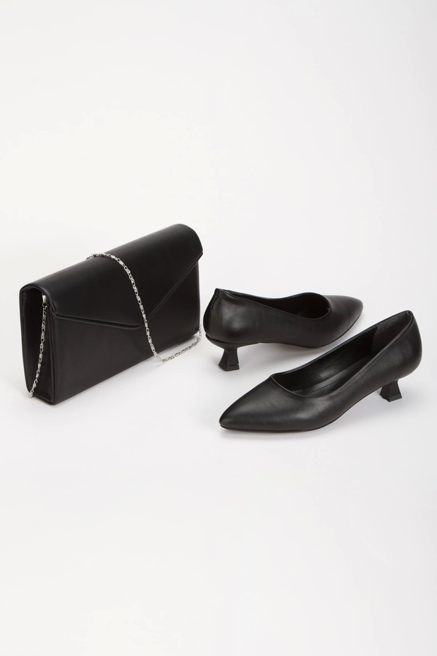 Women's Stiletto and Bag Set Black Leather