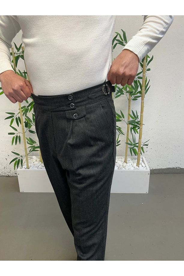 Parçacıklı siyah duble paça kumaş pantolon - 3
