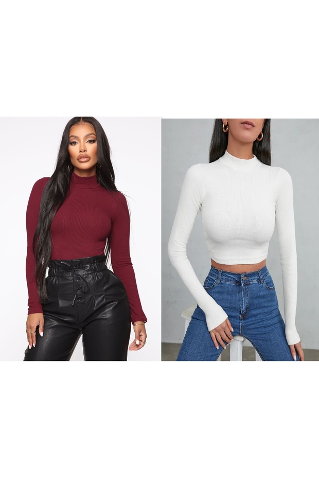 2-Piece Women's Black Ribbed Half Turtleneck Camisole Crop Body Blouse