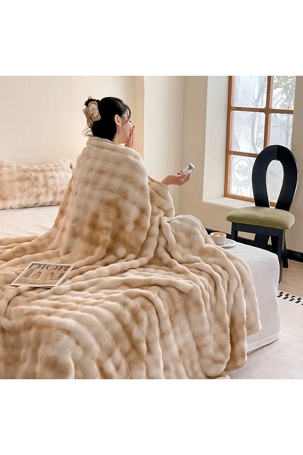bej renk ( 3 Parça ) Çift Kişilik Tavşan Peluş Battaniye Yatak Örtüsü Takımı kaliteli - 5