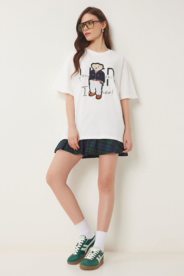 Teddy Bear Embroidered Cotton Oversize Knitted T-Shirt Ecru Lcr0027