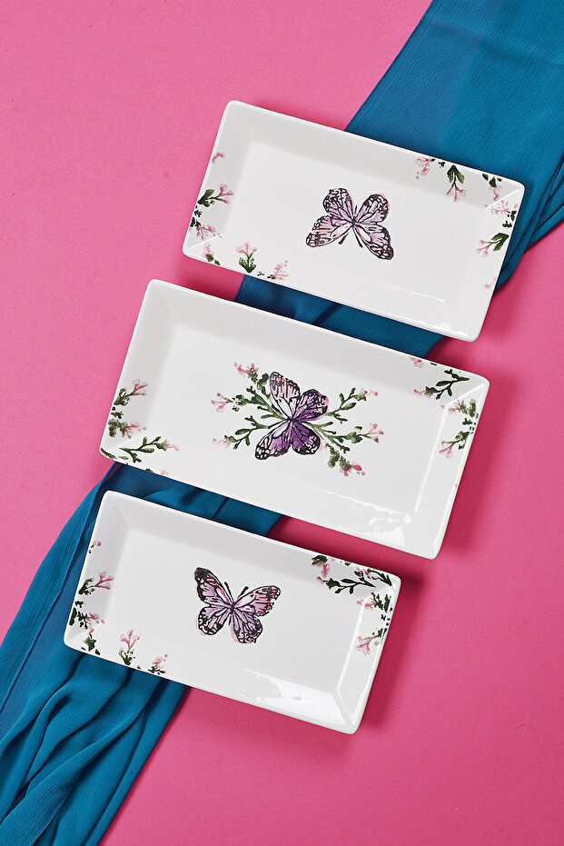 3-Piece Butterfly Pattern Handmade Ceramic Breakfast Salad Presentation Snack Bowl Set Kayak Plate Set