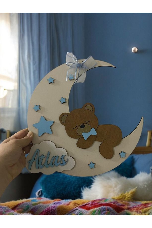 Uyuyan Ayı Teddy Bear Desenli Kişiye Özel Çocuk ve Bebek Odası  Ahşap Kapı ve Duvar Süsü. - 1