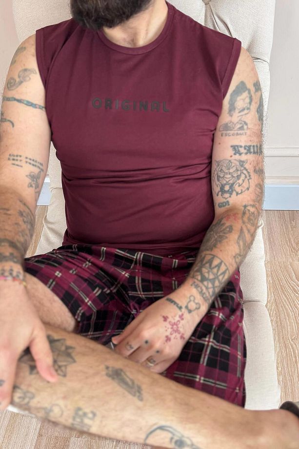 Bordo Original Baskılı Sıfır Kol Şortlu Erkek Pijama Takımı - 5