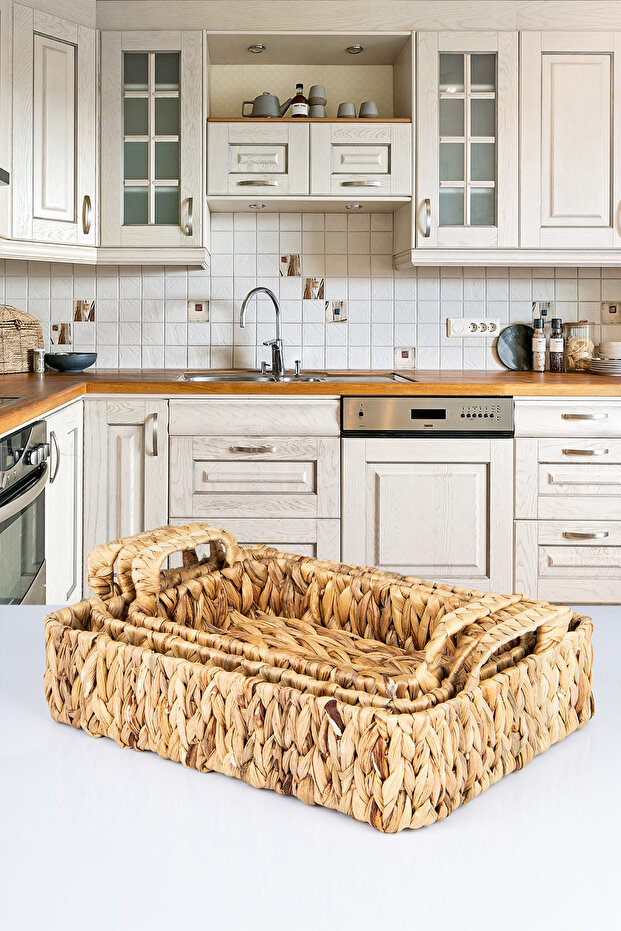 Kalın Örme Hasır 3 Lü Saplı Dikdötgen Sepet Organizer - 3