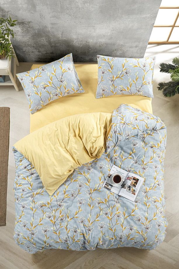 Çiçekli Sarı Lavanta Desen Tek Kişilik Nevresim Takımı Çift Taraflı Kullanım Çarşafı Düz Sarı Renk - 7