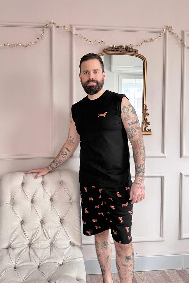 Siyah Dasch Baskılı Sıfır Kol Şortlu Erkek Pijama Takımı - 6
