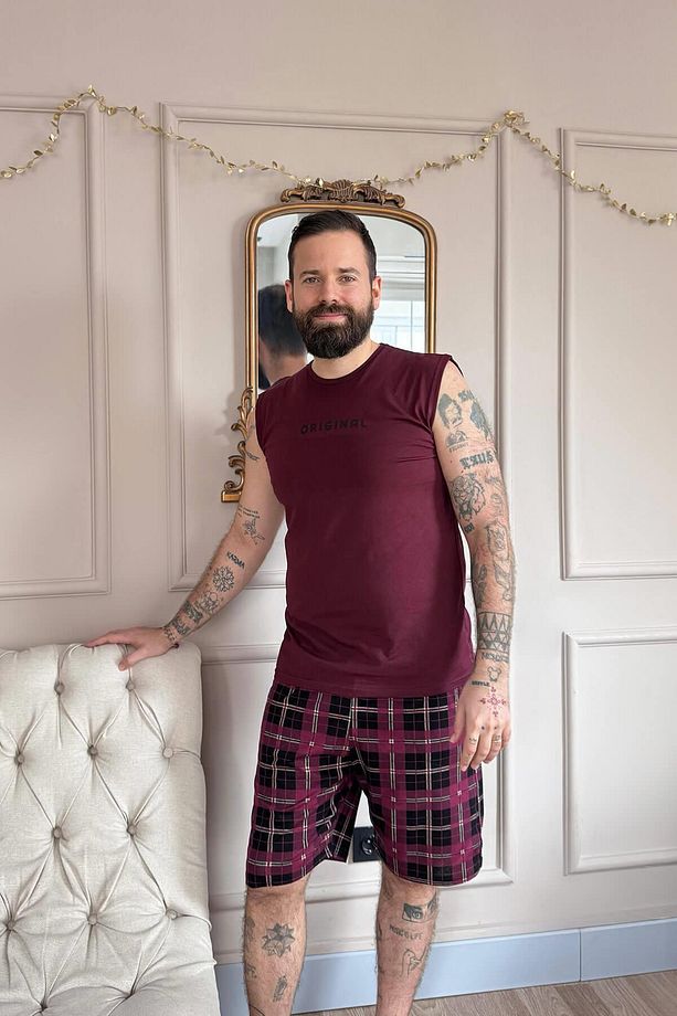 Bordo Original Baskılı Sıfır Kol Şortlu Erkek Pijama Takımı - 6