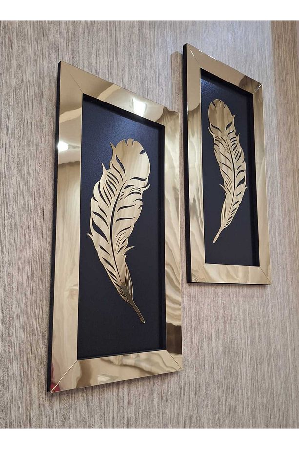 2 Li Aynalı Pleksi Tablo 3 Boyutlu Çerçeve Tüy Model Altın Sarısı - 5