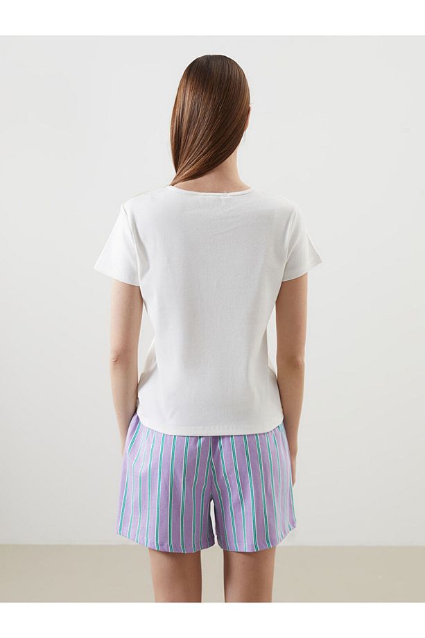 Bisiklet Yaka Nakışlı Kadın Şortlu Pijama Takımı - 4
