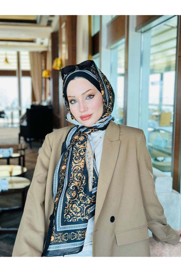 فرسا نمط القطن الحرير شال أسود - 1