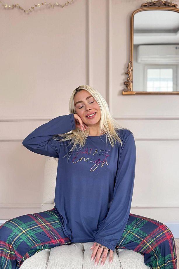 Lacivert Enough Desenli Bambu Uzun Kol Kadın Pijama Takımı - 4