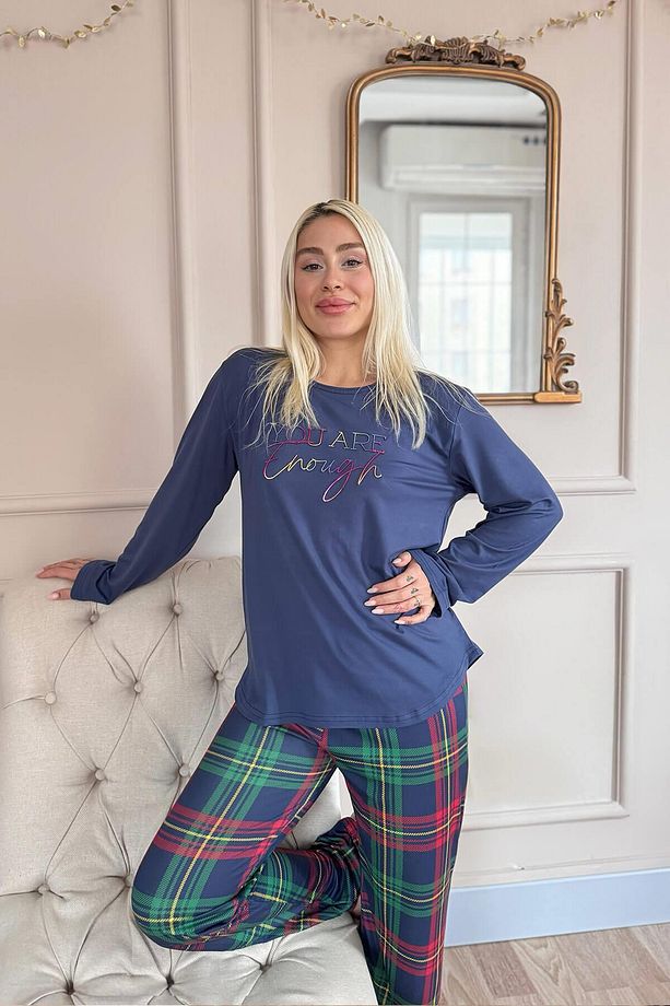 Lacivert Enough Desenli Bambu Uzun Kol Kadın Pijama Takımı - 6