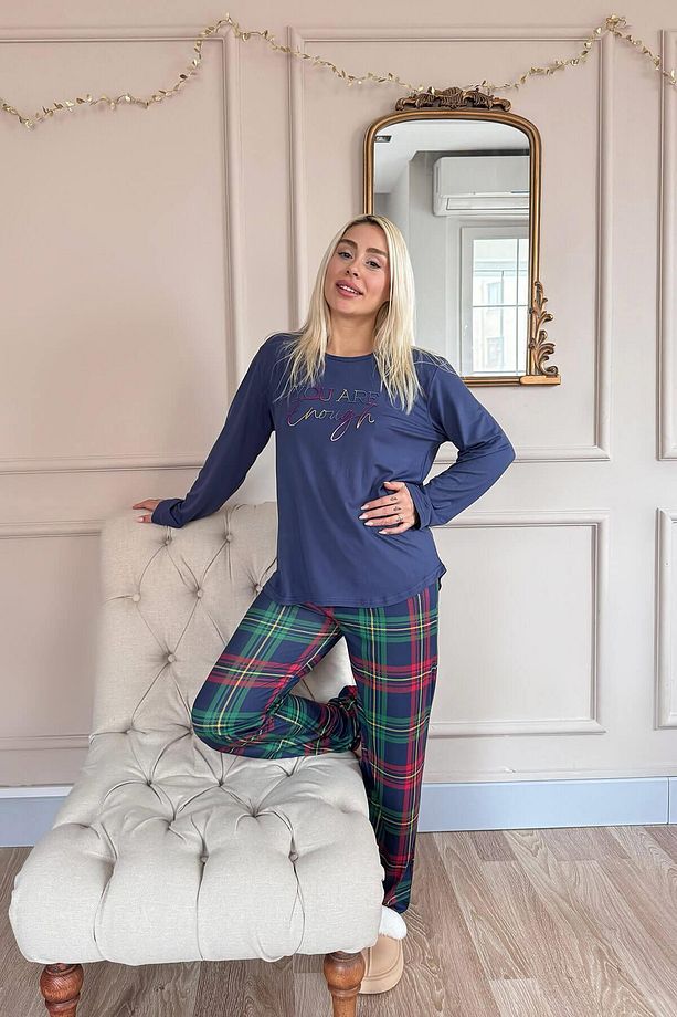 Lacivert Enough Desenli Bambu Uzun Kol Kadın Pijama Takımı - 7