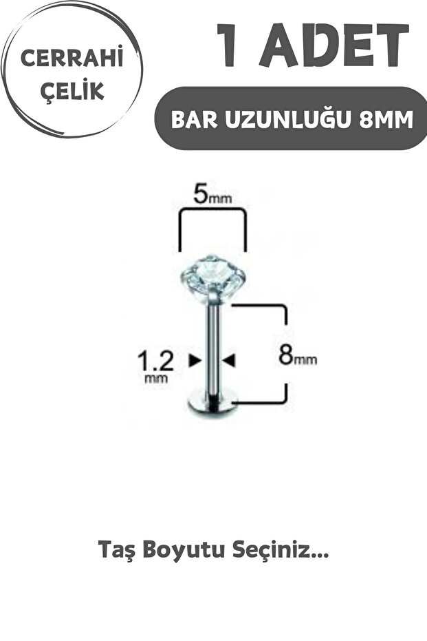 Cerrahi Çelik 8mm Zirkon Taş Tragus Helix Kulak Kıkırdak Flat Conch Dudak Burun Snake Bites Piercing - 7