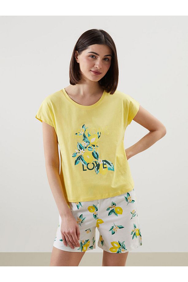 Bisiklet Yaka Baskılı Kadın Şortlu Pijama Takımı - 1