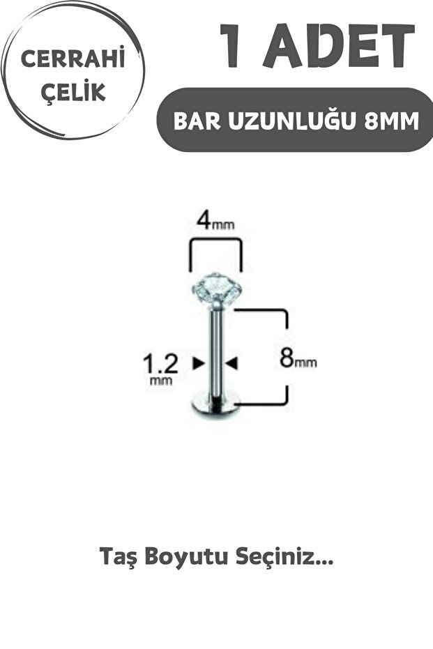 Cerrahi Çelik 8mm Zirkon Taş Tragus Helix Kulak Kıkırdak Flat Conch Dudak Burun Snake Bites Piercing - 6