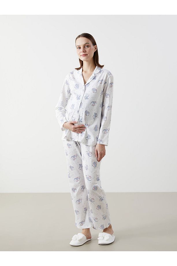 Gömlek Yaka Desenli Hamile Pijama Takımı - 1