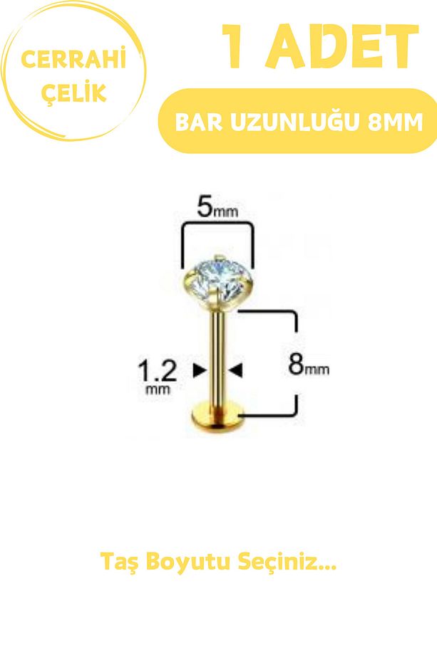 Cerrahi Çelik 8mm Zirkon Taş Tragus Helix Kulak Kıkırdak Flat Conch Dudak Burun Snake Bites Piercing - 7