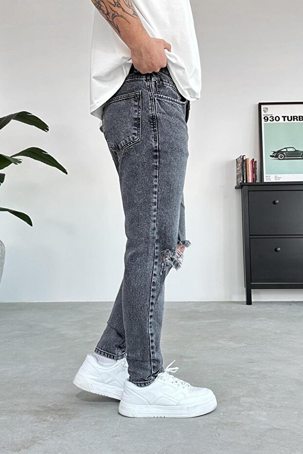 بنطال عادي ممزق باللون الرمادي الداكن - 2