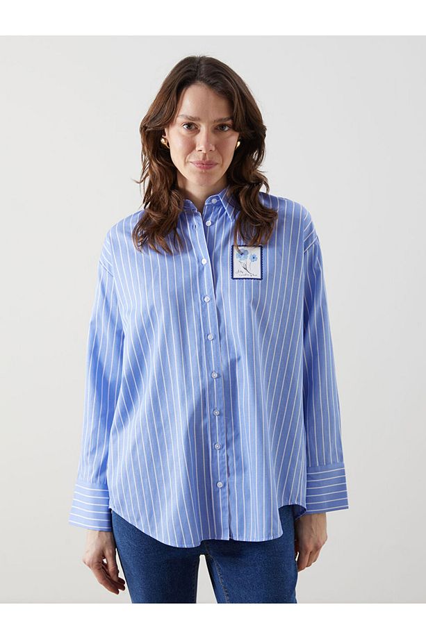 LCW Comfort Mavi Çiçekli Oversize Poplin Kadın Gömlek - 3