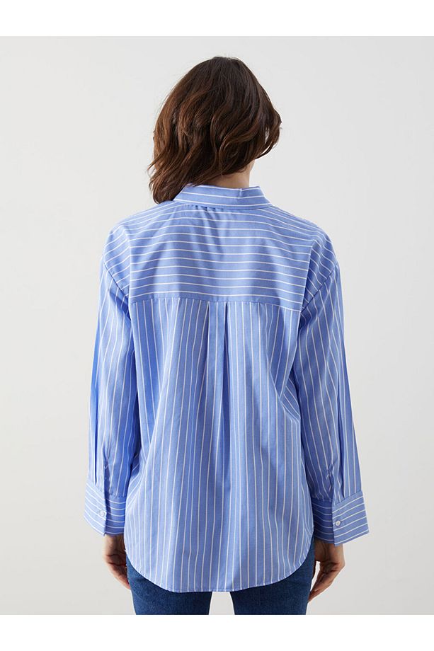 LCW Comfort Mavi Çiçekli Oversize Poplin Kadın Gömlek - 6