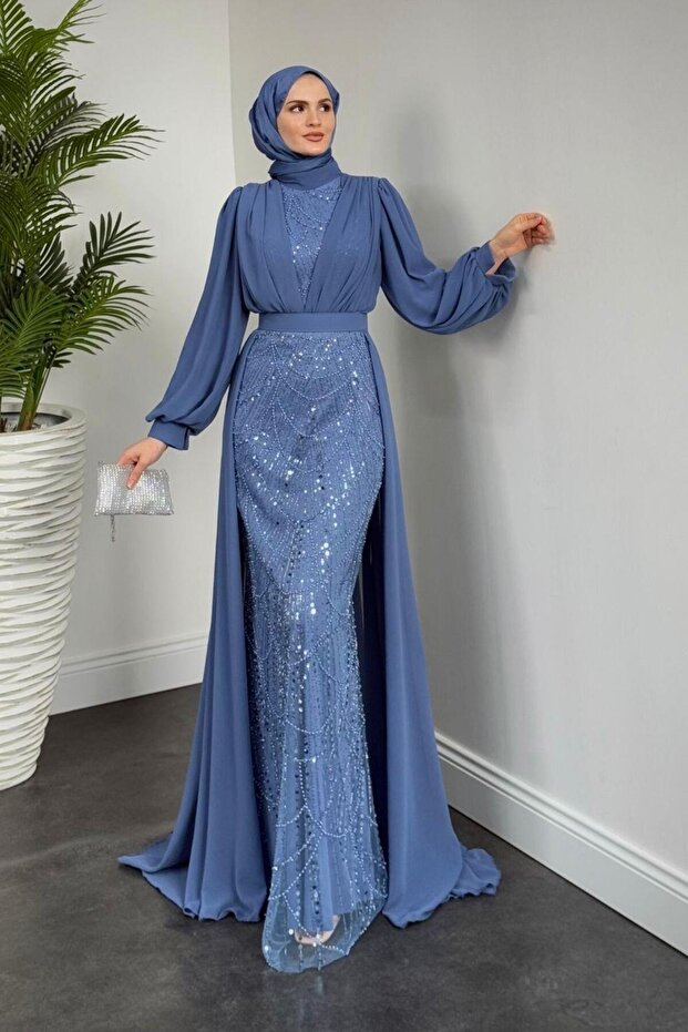 Stella Beaded Cape Evening Dress Indigo