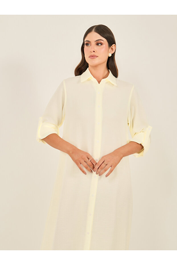 فستان طويل بقميص على شكل حرف A بياقة سادة - 4