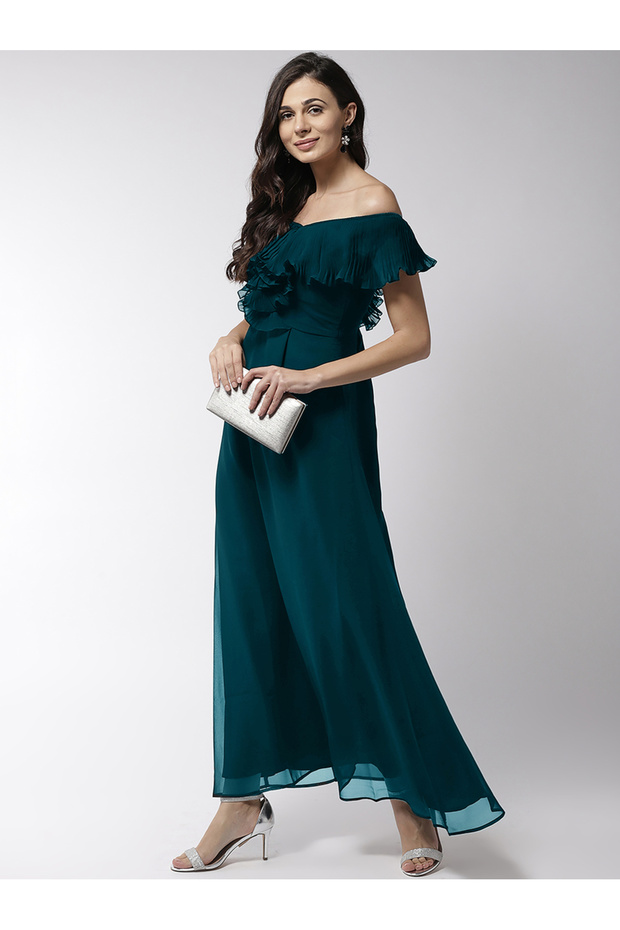 Off Shoulder Neck Ruffle Detail Flared Hem Maxi Dress
